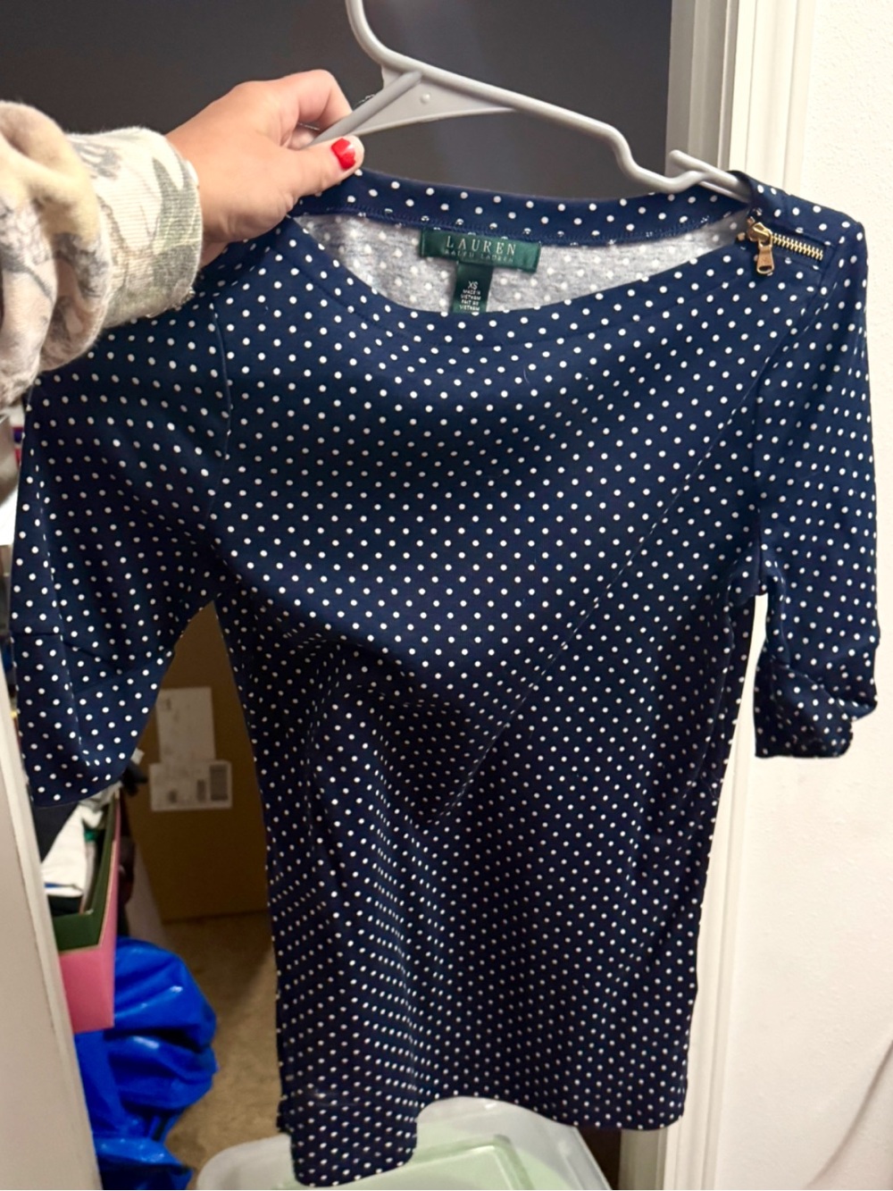 Lauren Ralph Lauren Navy Blue Polka Dot Boat Neck Top - Picture 1 of 3